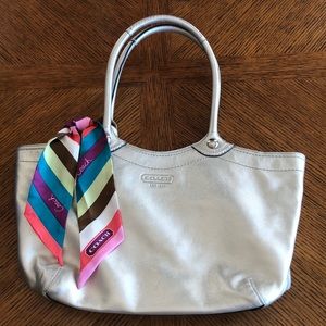 Silver Coach Purse with multi colored scarf